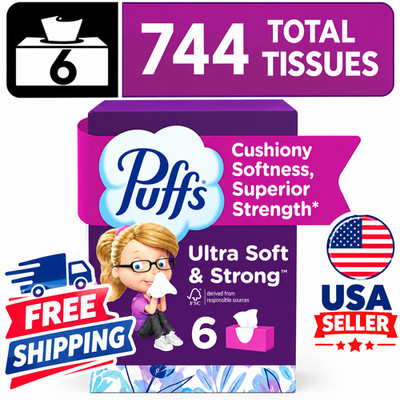 Puffs Ultra Soft Facial Tissues, 6 Family Size Boxes, 124 Tissues per Box