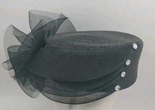 Vintage KaKy Co. Black Straw Pill Box Hat Mesh Bow Veil Made in USA
