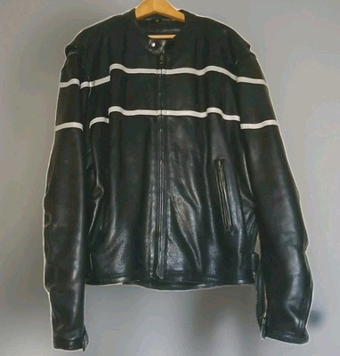 Vtg 90s Pro-Rider Heavy Black Leather Motorcycle Jacket Sz 52 Racing Stripes 