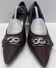 Anne Klein Womens Shoes Size 11 M Brown Pointed Toe Fabric Metal Kitten Heels