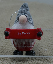 Ganz Gnome Christmas Ornament red with grey knitted hat says be Merry