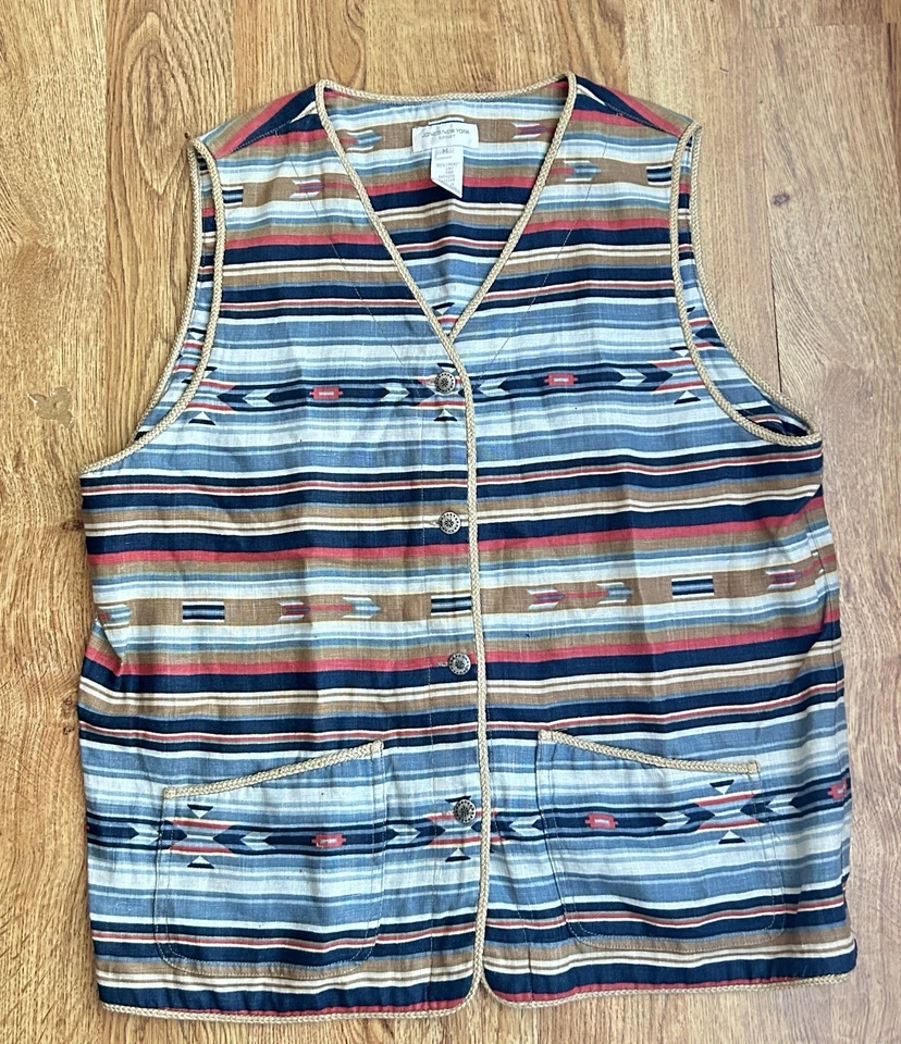 Mujer Grande Vintage Jones New York Chaleco Deportivo 100% Lino Boho Western Azteca M Foto 3 de 4