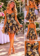 Akira Floral Bustier Mini Dress Romper Skort Black Gold Cottagecore Party S Boho