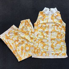 Vtg 60s Handmade Mod Hippie 2 pc Set Orange Yellow Floral Retro Approx. Small