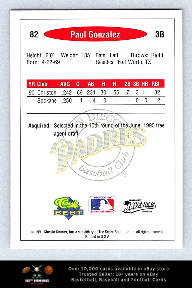 1991 Classic Best BASEBALL #82 Paul Gonzalez - Image 2 of 2