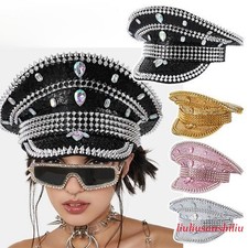 Women Captain Hat Military Cap Shinny Rhinestone Cap Festival Music Party Hat