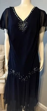 SL Fashions Size 18W Midi Navy Dress Embroidered Sequin Handkerchief