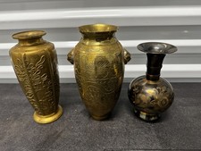 Lot of 3 Vintage Brass Asian Vases – Carved Baluster Vase & Etched Floral Bird