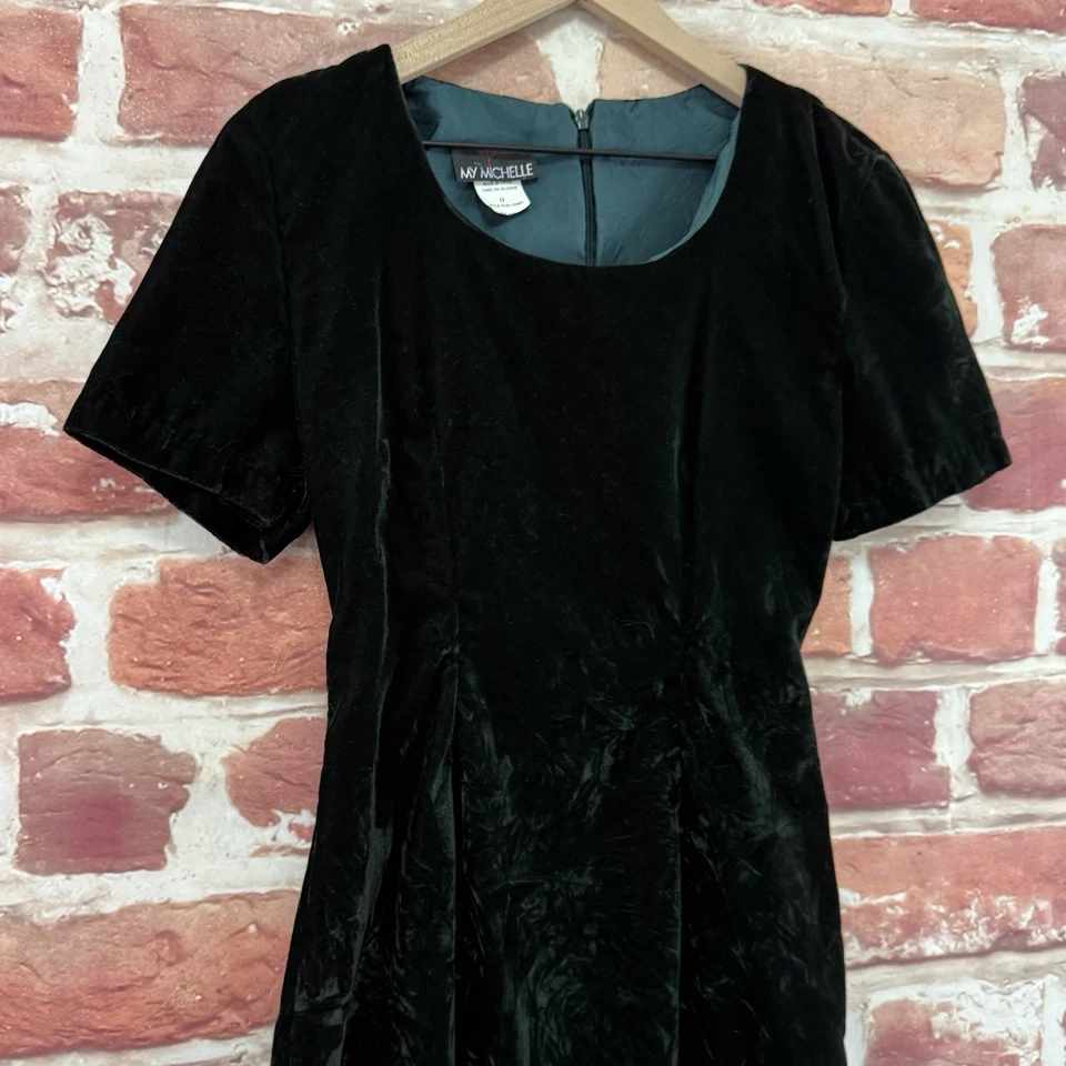 Vintage My Michelle Dress 11 Dark Green Velvet Velour Casual Evening Popover - Image 3 of 4