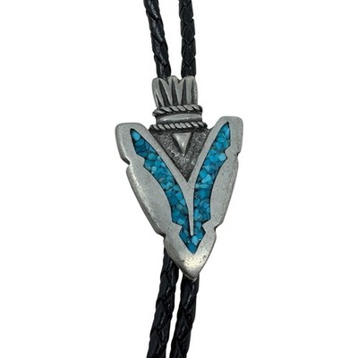 EJC Vtg Bolo Tie Pewter Arrowhead Turquoise Resin on Black Cord Silvertone Caps