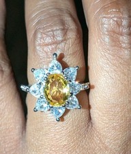 3.1CT Cushion Cut Citrine Flower Design Anniversary Ring In 14K White Gold Plate