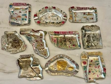 LOT of (10) Vintage State Souvenir Silver Metal Ash Trays