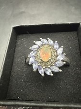 TGGC 925 Sterling Silver Fire Opal Tanzanite Cluster Sunburst Ring Size N 1/2 7