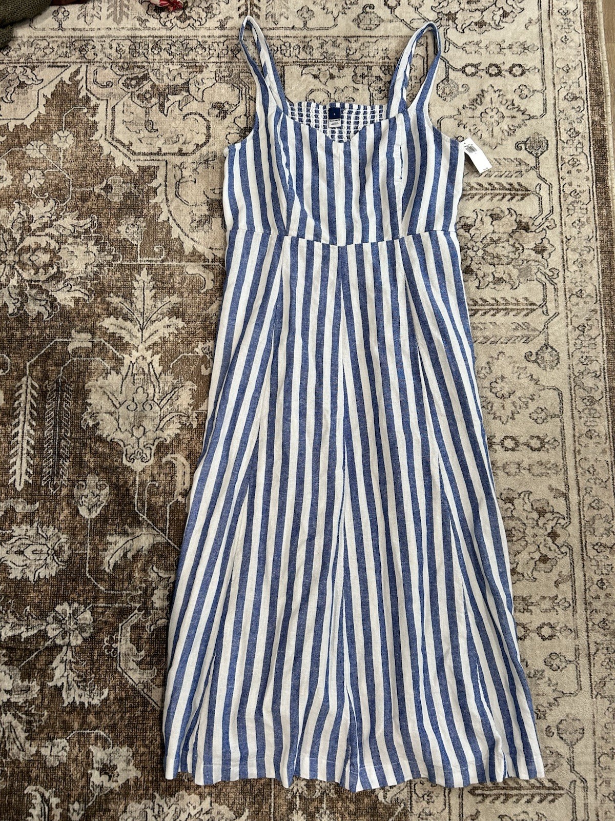 Vestido a rayas azul y blanco mezcla de lino nuevo con etiquetas original $44.95