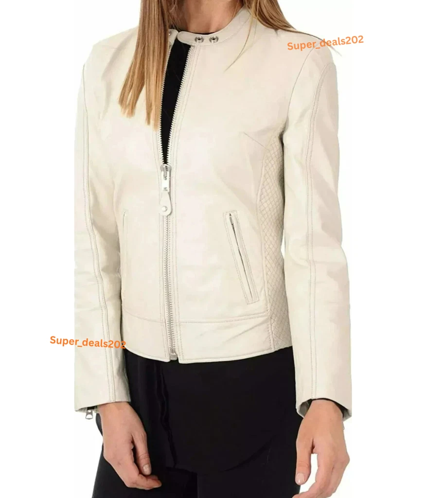 Lambskin Womens Off White Leather Jacket Casual Moto Slim Fit Stylish Wear Tops