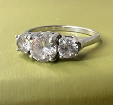 Vintage CA Solid 925 Sterling Silver CZ Sparkly 3 Stone Ring 7 Promise FREE SHIP