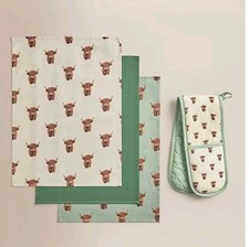 Highland Cow Double Oven Gloves Pot Holder + 3 Kitchen Tea Towels Set 