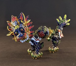 Chinese Cloisonné Dragon Figurine Enamel Brass Mythical Beast W 7.5”
