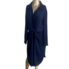Nine West Women Large Navy Blue Shirt Dress Button Front Tie Waist Classic