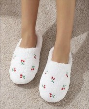 White Faux Fur Cherry Embroidered Slip-On Women's Slippers, Fluffy, Comfort