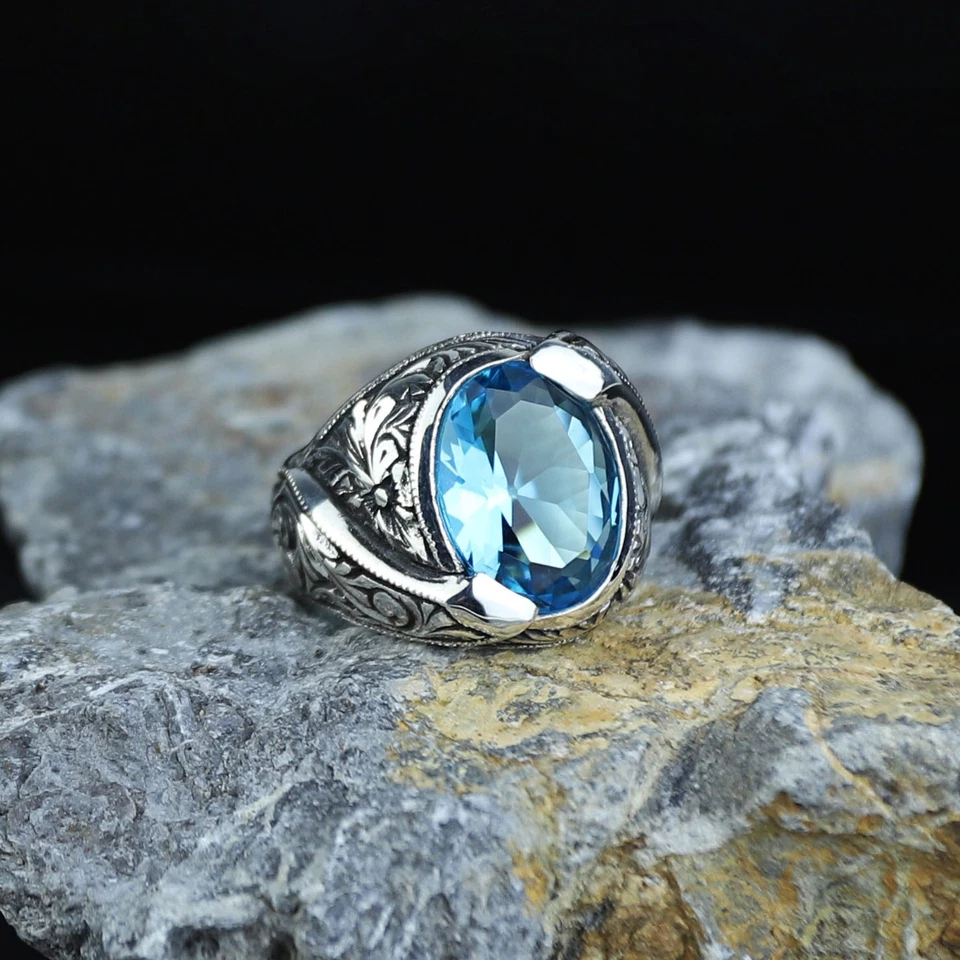Anillo Aguamarina Grabado Piedra Aguamarina Plata, Anillo Aguamarina Azul Moderno Foto 2 de 4