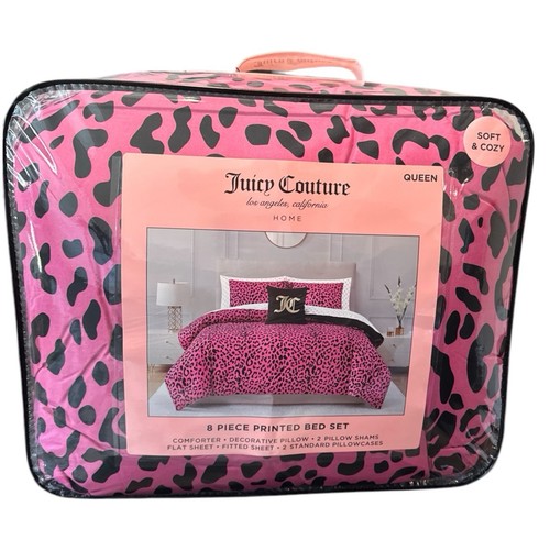 Juicy Couture Pink/Black Leopard 8pc QUEEN Bed Set Comforter,Shams,Sheets,Pillow
