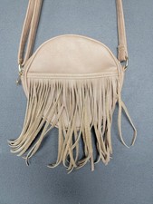 RUE 21 ETC! ~Fringe Hobo Bag Faux Leather Crossbody Round Hippie Zip Top TAN