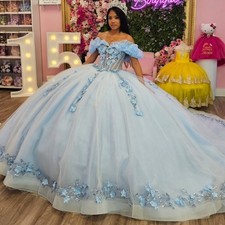Sky Blue Quinceanera Dresses 3D Flowers Sweetheart Off Shoulder Girl Ball Gowns