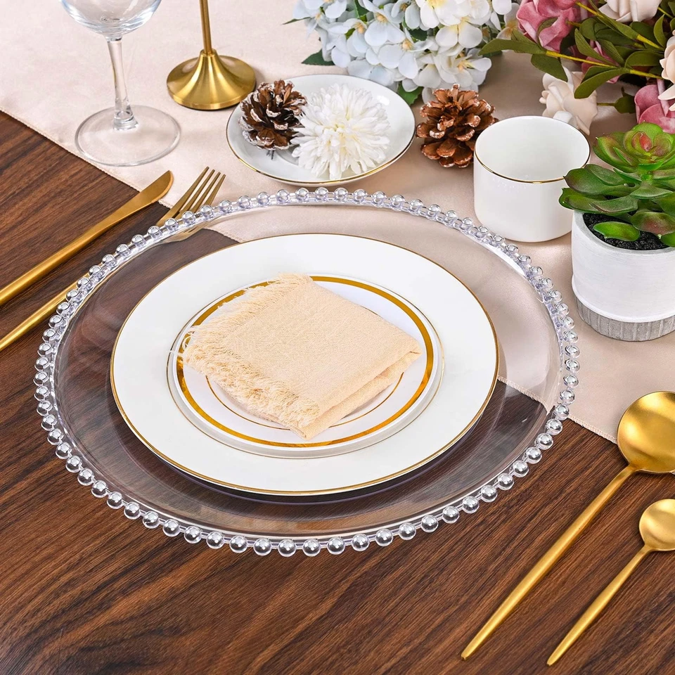 24 Pack Silver Clear Charger Plates With Beaded Rim, 13 Inch Dinner Charger P... - Image 4 of 4