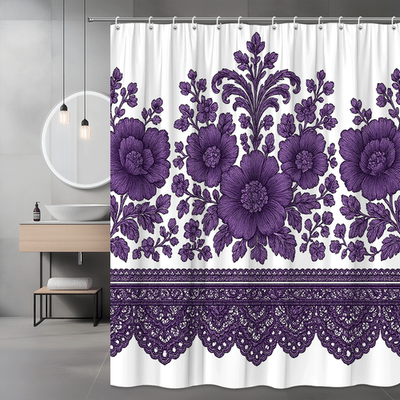 Purple Floral Shower Curtain, Elegant Lace Design, Waterproof 