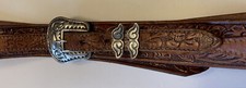 Vintage Hand Tooled Sterling Silver Buckle, 2 Loops On Hand Tooled Leather Belt