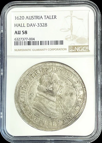 1620 HALL AUSTRIA SILVER 1 TALER ARCHDUKE LEOPOLD COIN NGC ABOUT UNC. 58