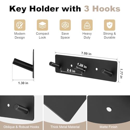  Key Holder Wall Mount, Black Metal Key Hanger with 3 Key Hooks Compact Key 