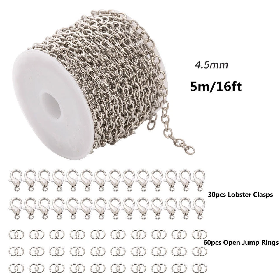 5m Necklace Chains w/ 30 Lobster Clasps 60 Jump Rings Bracelet Jewellery Making - Image 3 of 4
