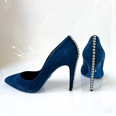 $499 Loriblu Suede Blue Pumps Sexy Metal Accents High Heels Pointy Toe 40IT 