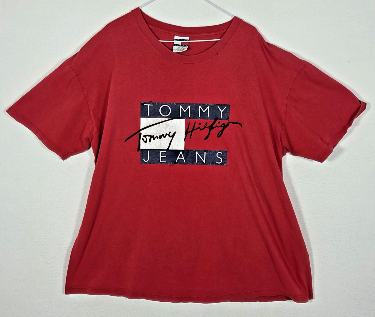 Vintage 90s Tommy Hilfiger Big Logo Red Cotton T-Shirt Men's Size 2XL
