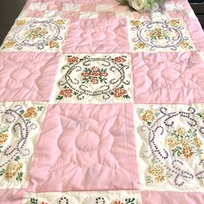 A Vintage Twin Patch Quilt Gorgeous Display Hand Embroidered Squares