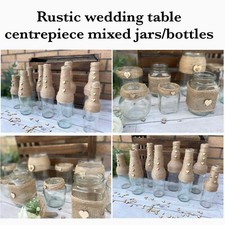 Produktbild - Rustikales Hochzeit Tisch Mittelstück gemischte Gläser Flaschen 7 Hessische Schnur Liebe Herzen