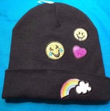 Claire's Girl's Black Knit Hat Beanie Four Colorful Emoji Patches One Size NEW 