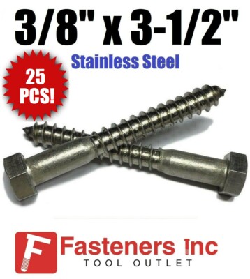 (Qty 25) 3/8'' x 3-1/2'' Lag Screws / Bolt Hex Head Stainless Steel 18-8 / 304