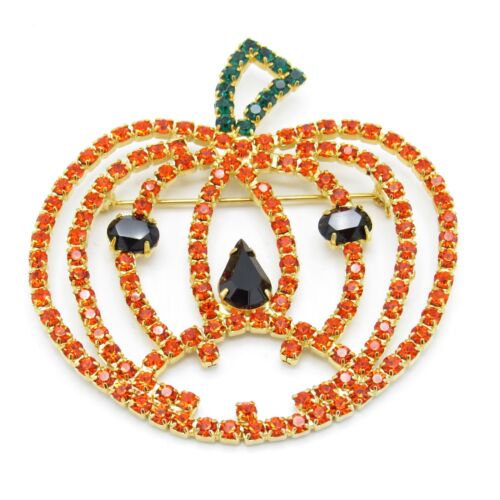 Vintage Orange Rhinestone Jeweled Pumpkin Halloween Pin Brooch - Picture 1 of 3