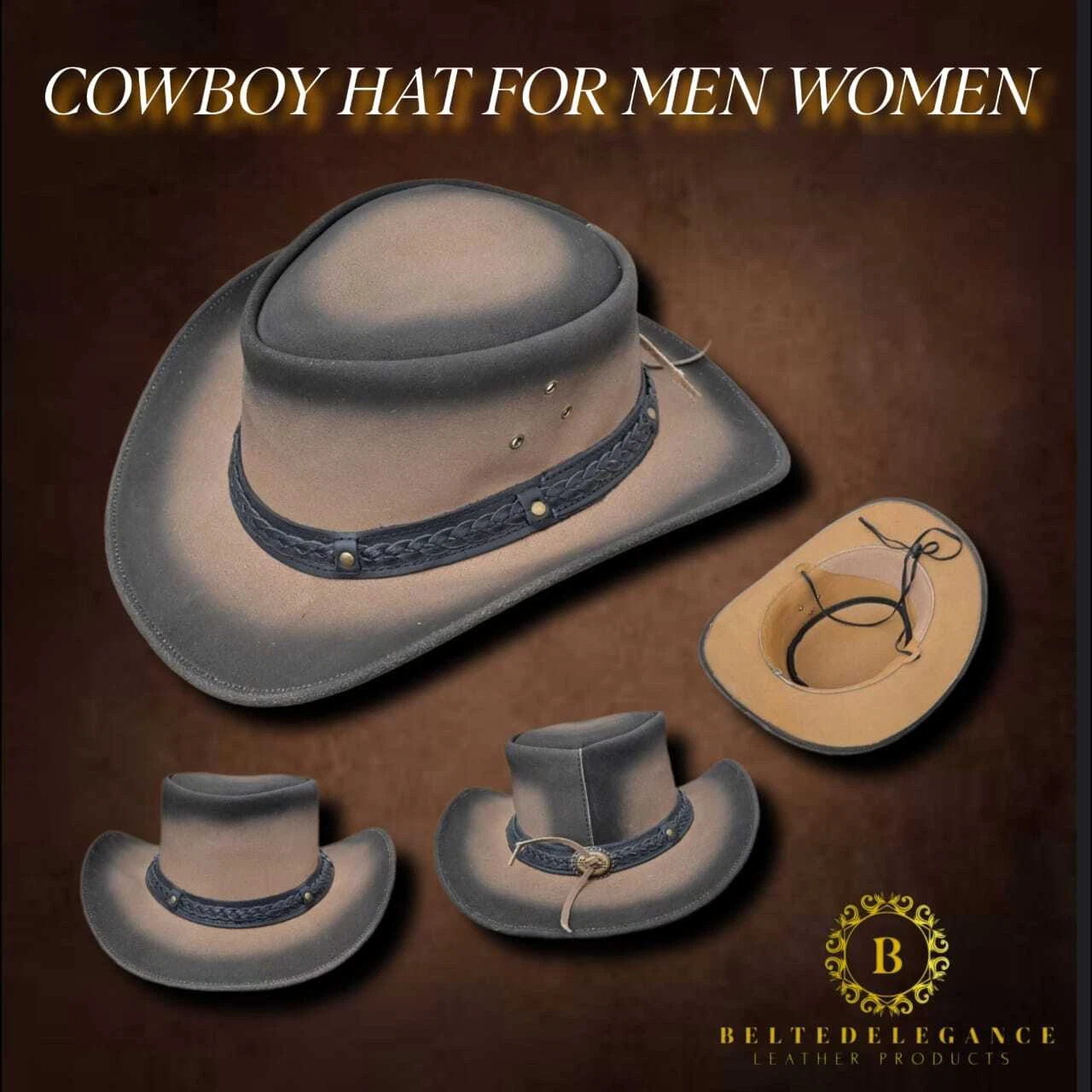 Men and Women Genuine Leather Cowboy Western Style Hat Premium Quality BE