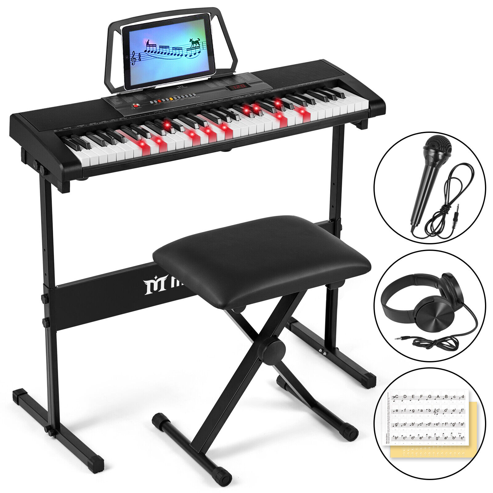Electronic 61 Key Light Up Keyboard Music Piano w/Bench,Stand,Headset,Microphone