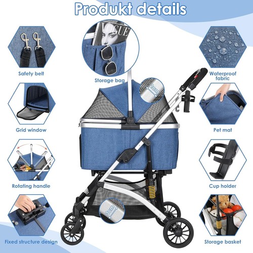 Hundewagen Hundebuggy Katzen Pet Stroller mit 4 Rädern 360° klappbar Oxford 40kg - Bild 30 von 52