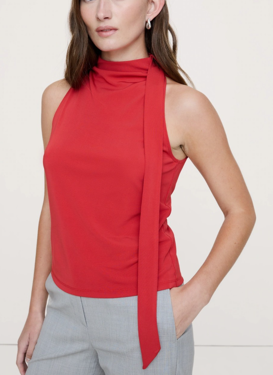 NWT!!! Banana Republic RT$110 Red Matte Jersey Knit Cowl Scarf-Neck Halter Top L