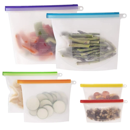 100% Silicone Reusable Food Storage Bags - Set of 6 Leakproof & Airtight Pouc...
