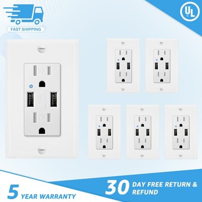 4.2A Dual USB Receptacle Outlet 15Amp Tamper Resistant Wall Socket with plate ×6