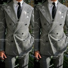 Black White Men's Houndstooth Suit Workwearf Offical 2Pcs Peak Lapel Formal 2Pcs