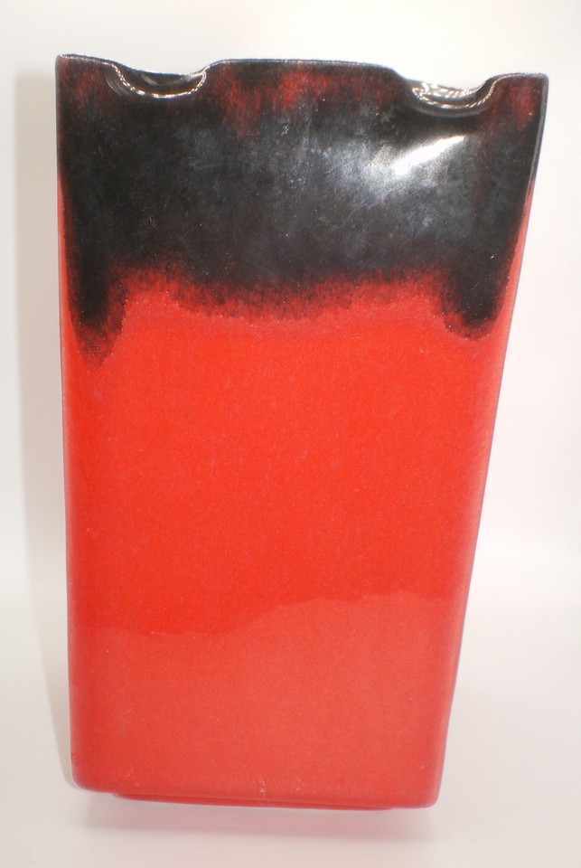 Vintage Red & Black Square Volcano Ceramic Vase MCM Retro Decor Mid Century 7.5