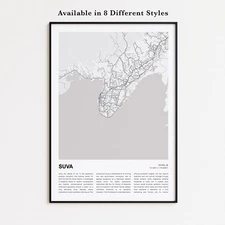 Suva City Map Print, Central Travel Poster, Modern Map, Wall Decor Art